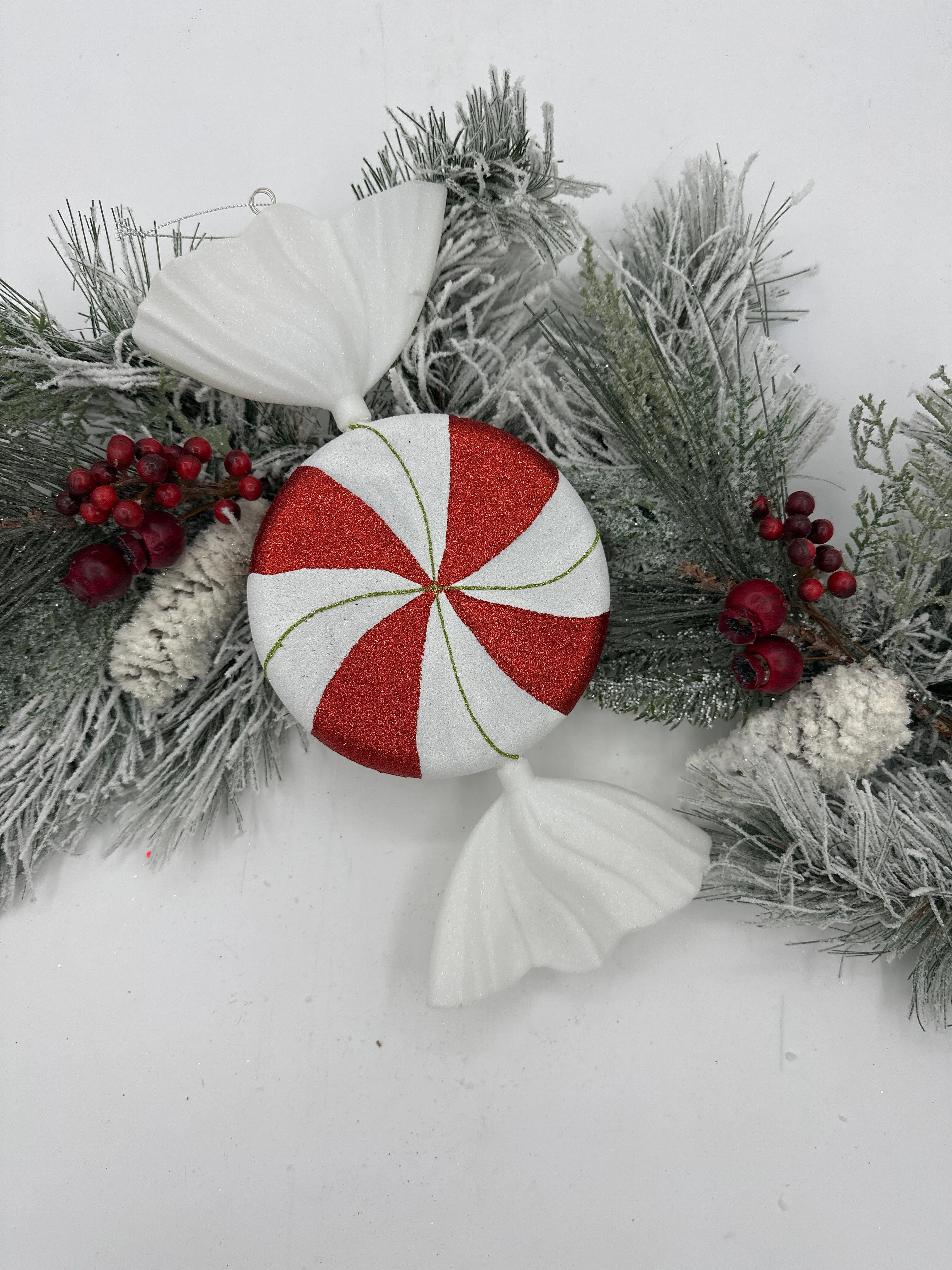 13" Red White Peppermint Candy Ornaments- Set of 2