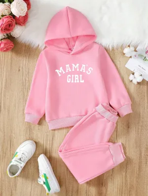 2pcs/Set Girls (Petite) Letter Print Hoodie And Sweatpants Set