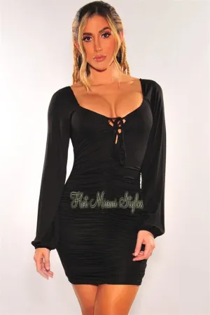 Black Ruched Lace Up Long Sleeve Dress