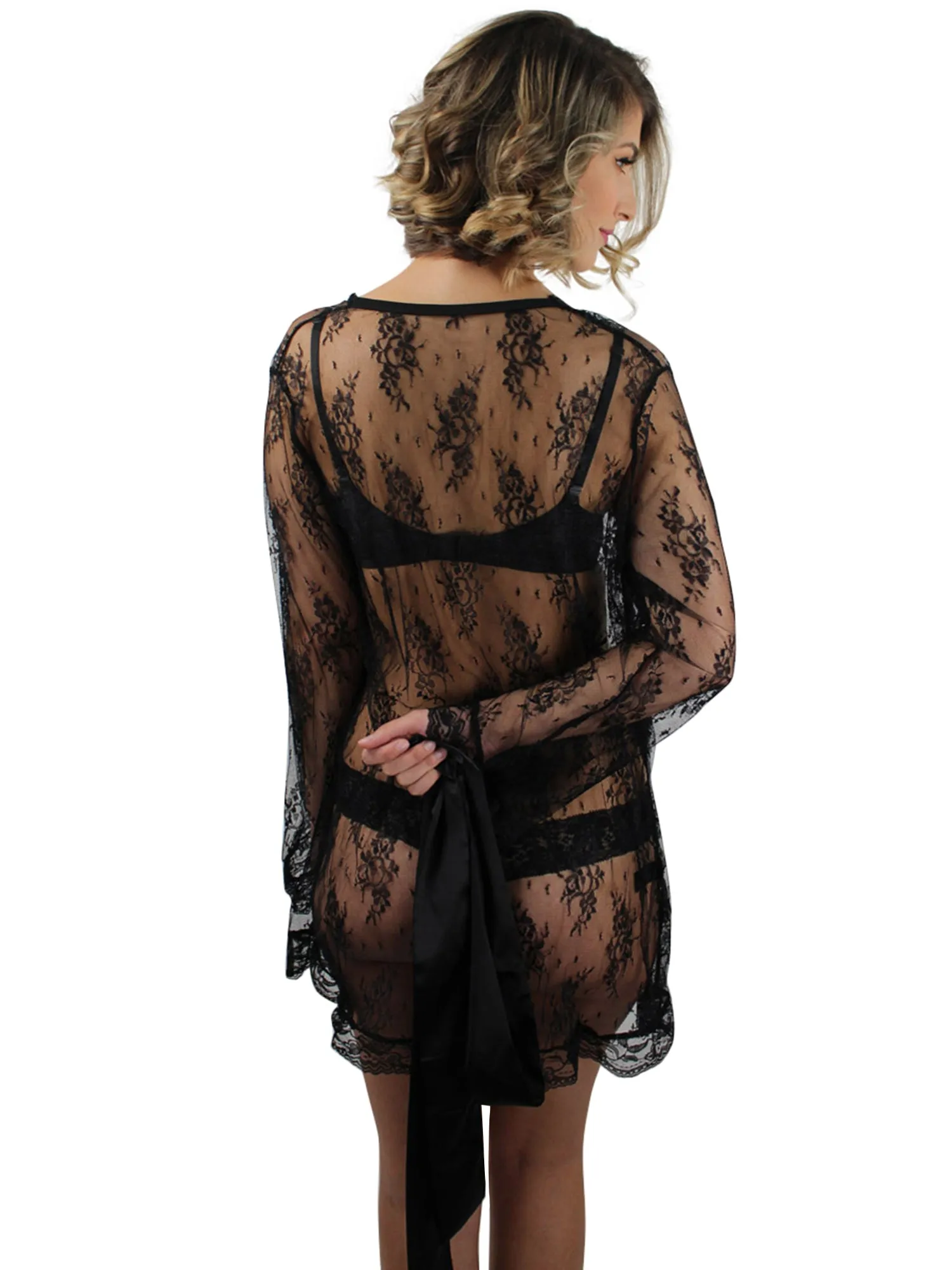 Black Sheer Lace Robe With Satin Tie