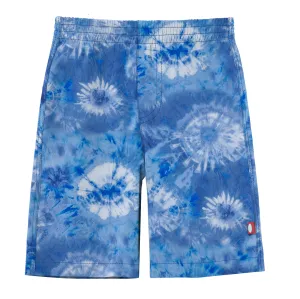 Boys UPF 50  Recycled Polyester Soft Stretch Below the Knee Printed Swim Board Shorts  | Tie Dye Blue White Flowers