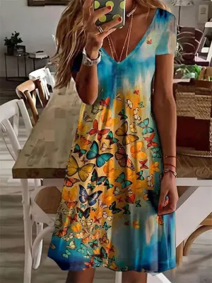 Butterfly Print V-Neck Short Sleeve Dress