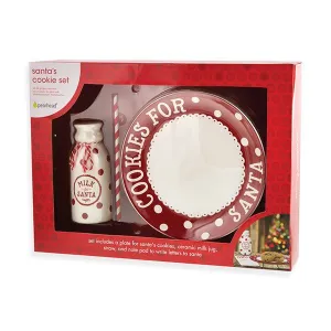 Ceramic Red and White Santa Cookie Set Includes Plate, Mug with Straw, and Note Pad