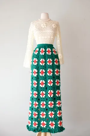 Cutest 1970's Granny Square Crochet Knit Full Length Skirt / Sz  M