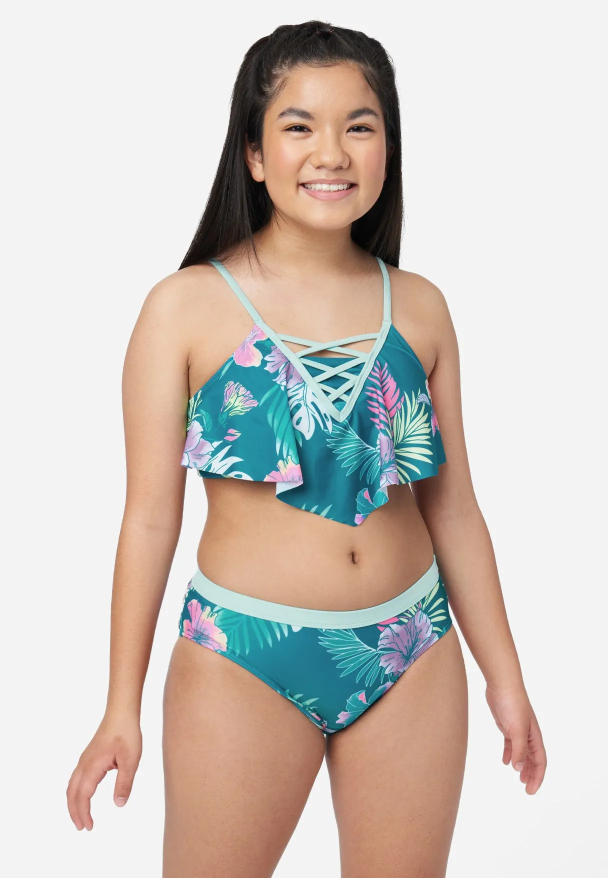 Floral Lace-Up Bikini Swim Set