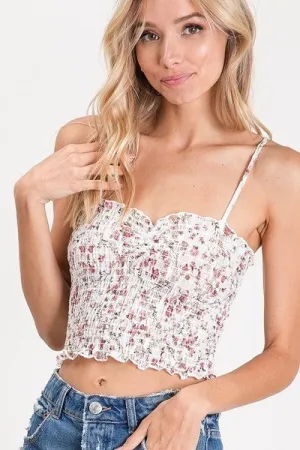 Floral spaghetti strap smocking detail crop top - Ivory