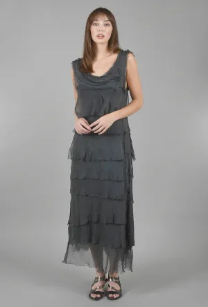 Long Tattered-Tiers Dress, Charcoal