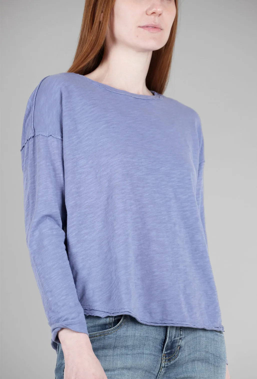 L/S Crewneck Raw Shirttail Top, Fog