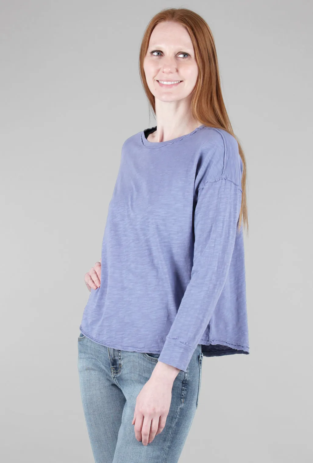 L/S Crewneck Raw Shirttail Top, Fog