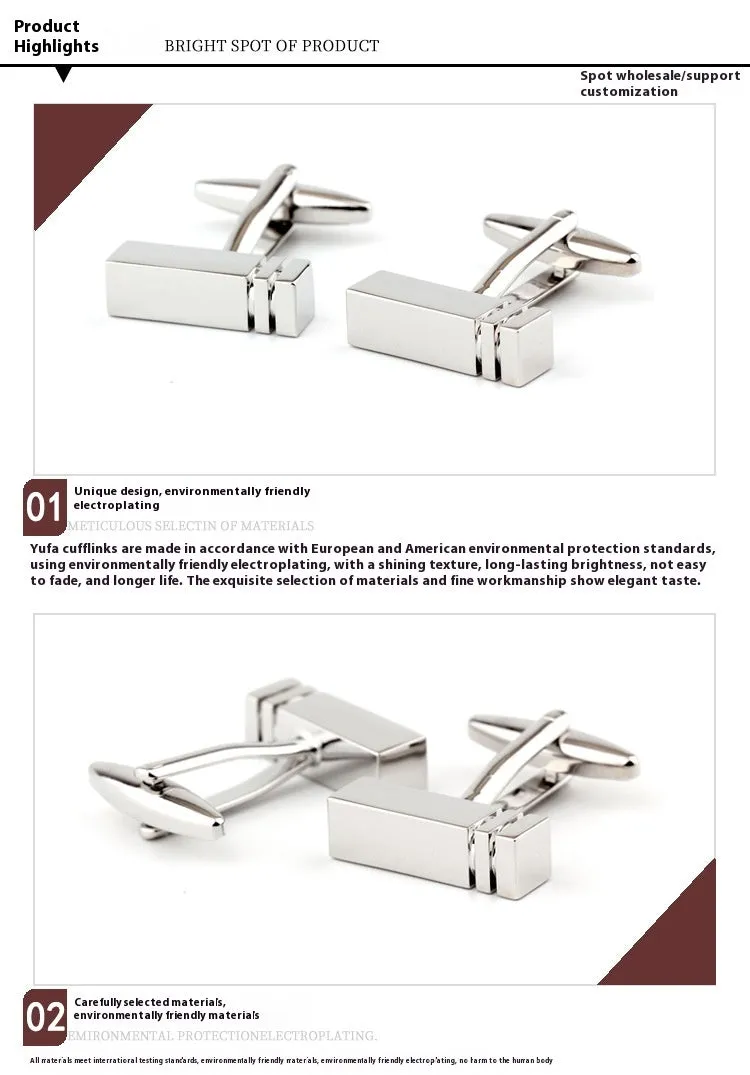 Rectangular Glossy Metal Cufflinks French Cuff French Shirt Men Women Cufflink