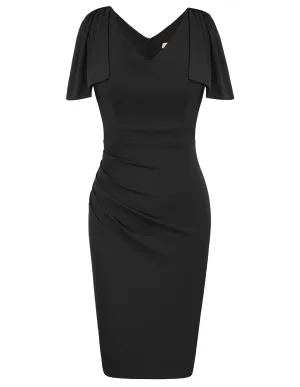 Seckill Offer⌛Cape Sleeve Dress V-Neck Defined Waist Back Slit Bodycon Dress