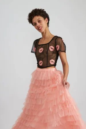 Short Sleeve Dirndl Top in Black Tulle