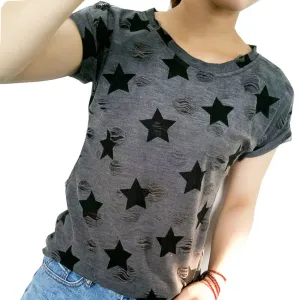 Star Printed Vintage with Holes Summer Tshirt