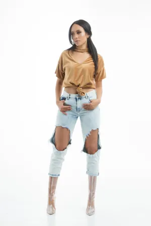 THE MYSTYLEMODE CAMEL VELVET CHOKER V NECK CROP TOP