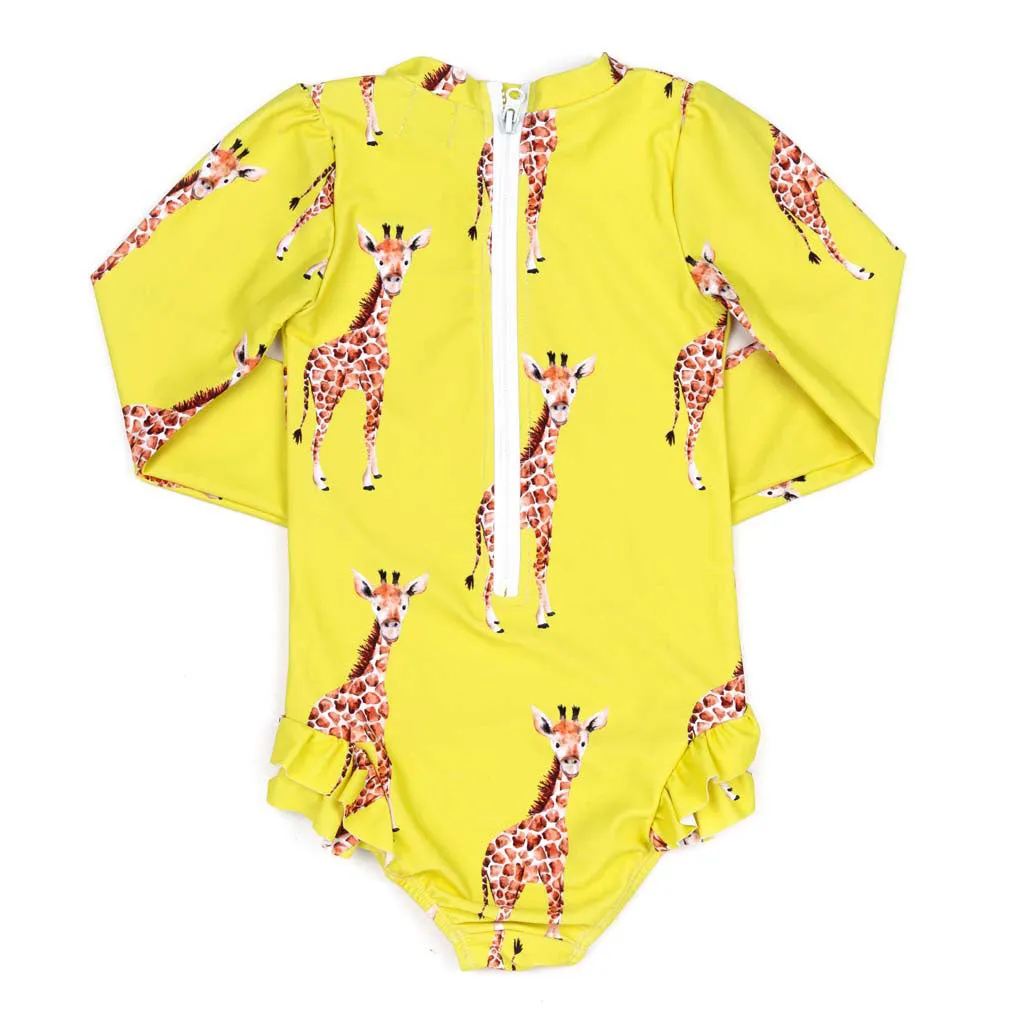 Yellow Giraffe Girls Long Sleeve Back Zip Swimmers